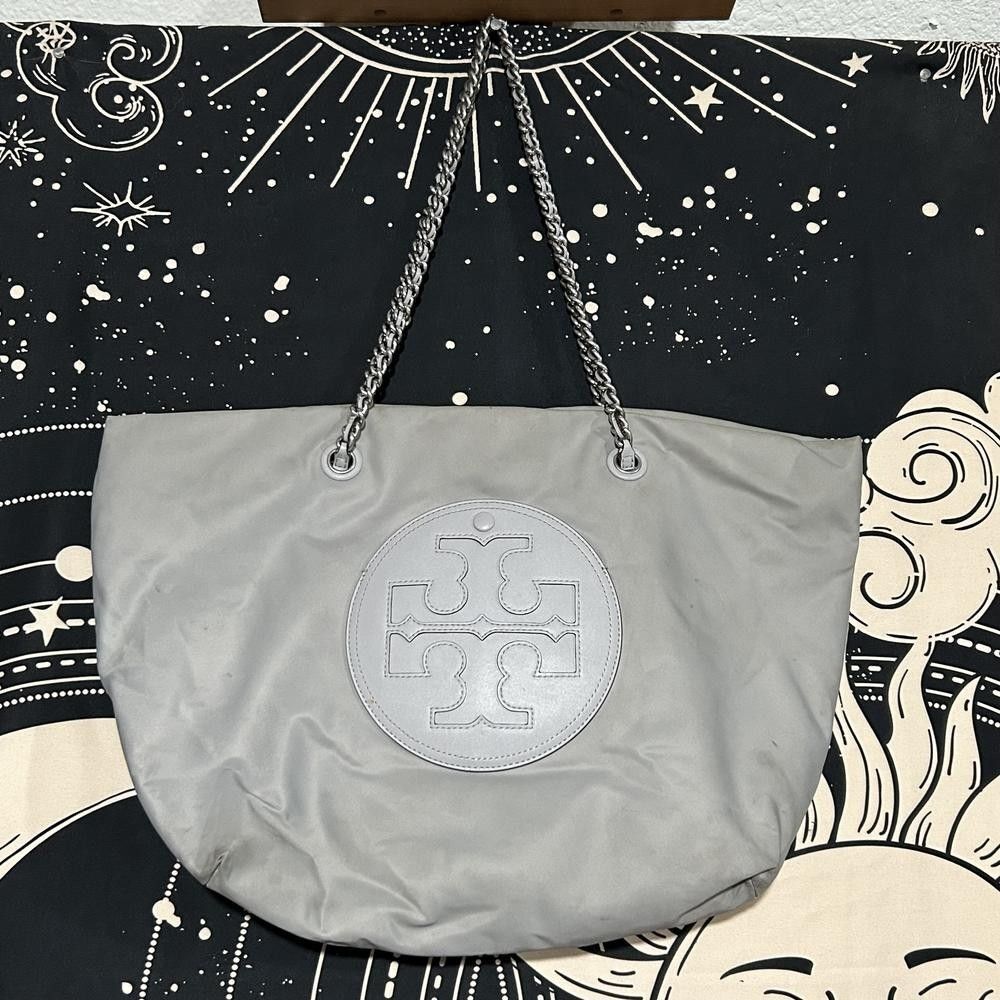 Tory Burch Ella Chain Tote Bag Women's Gray Nylon Metallic Chain Double Strap